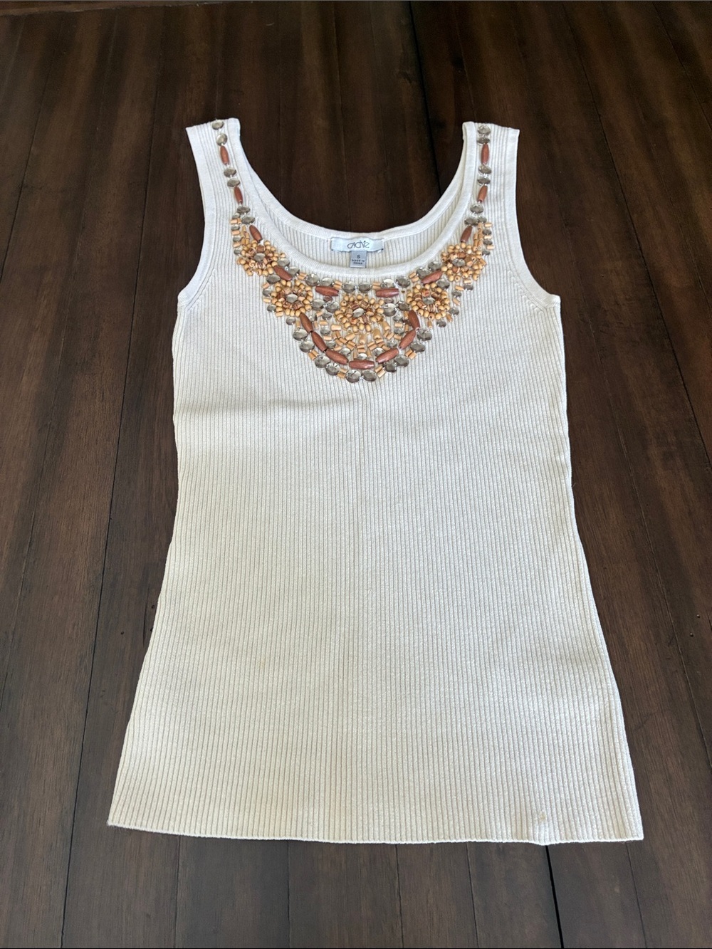 Cache Cream Ribbed Tank with Embellished Beaded Neckline